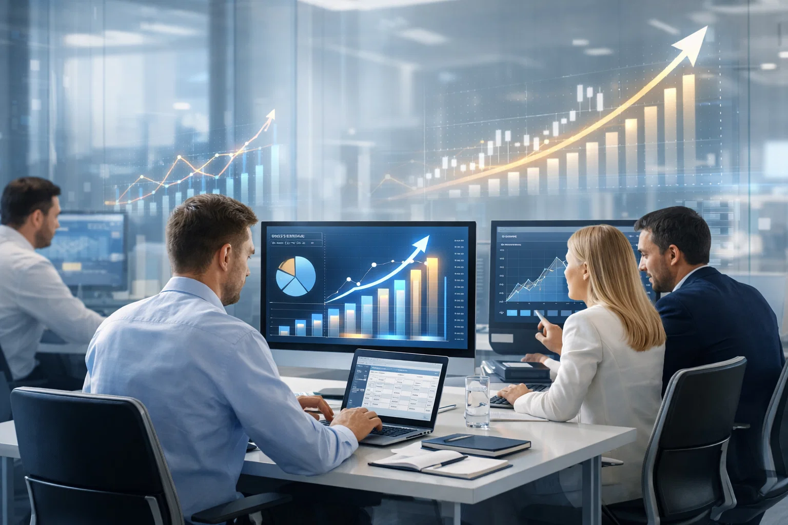 SEO accounting analytics team reviewing growth performance dashboards for financial services.