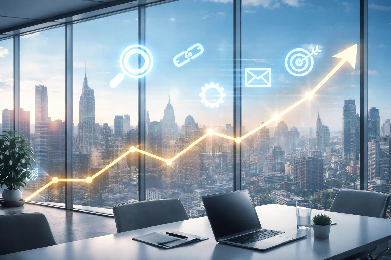 Seo agency office showing organic growth analytics, search performance icons, and rising traffic graph.