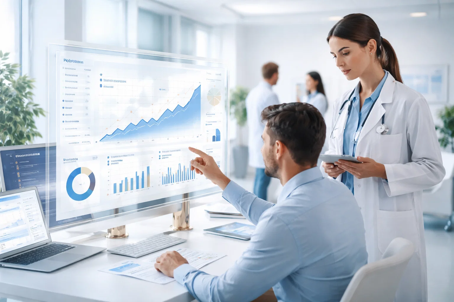 Healthcare professionals collaborating on a data dashboard for better patient care and analysis.