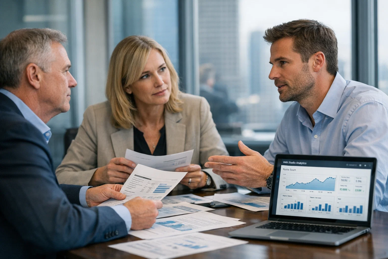 Web studio analytics meeting with team reviewing promotion metrics and reports.